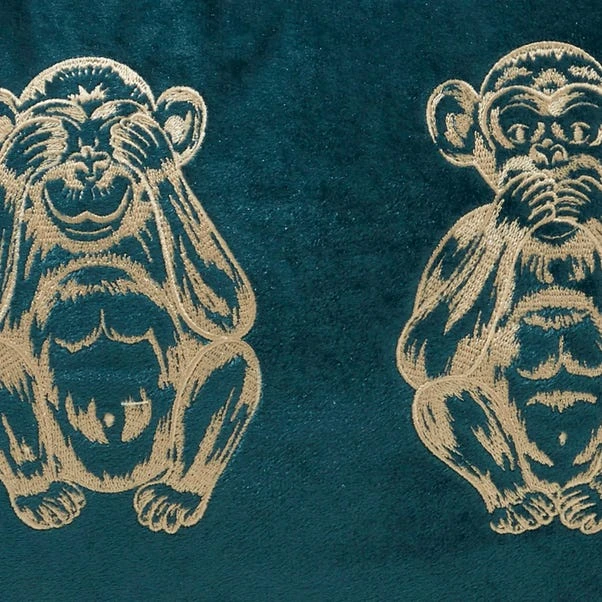 Dunelm Three Monkeys Teal Velvet Cushion - Image 3