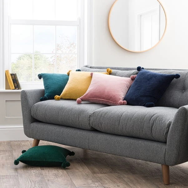 Dunelm Clara Velvet Square Pom Pom Cushion - Image 2