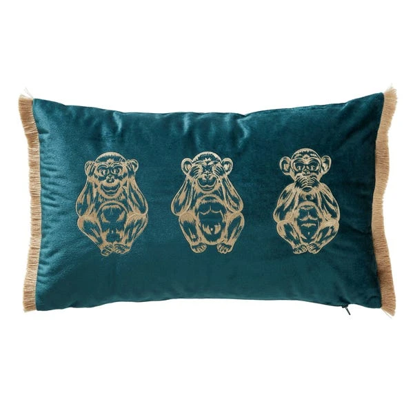Dunelm Three Monkeys Teal Velvet Cushion - Image 2